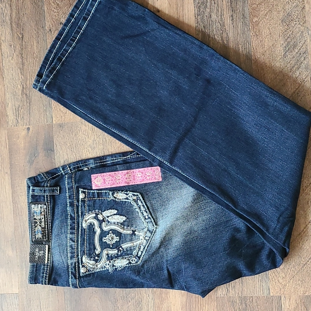 Grace in LA Women's Dark Wash Feather Skull Mid Rise Boot Cut Jeans